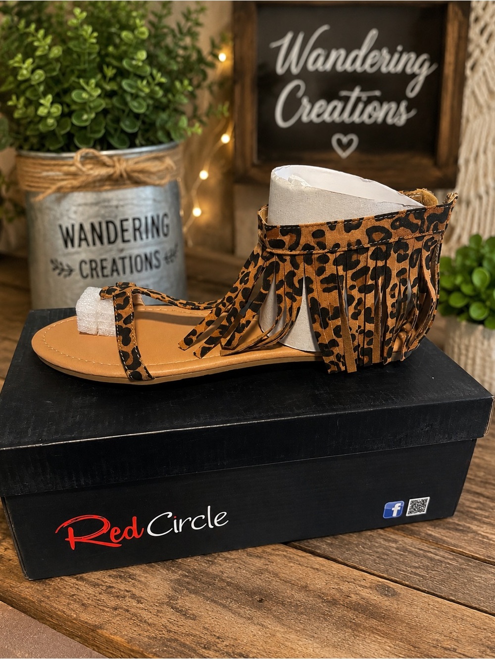 Red Circle Footwear Leopard Fringe Sandal - Tan/Black